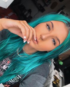 Black And Turquoise Hair, Light Teal Hair, Aqua Hair Color, Haircuts With Straight Hair, Teal Blue Hair