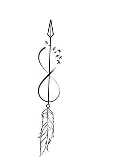 a black and white drawing of an arrow with a feather on it's tip