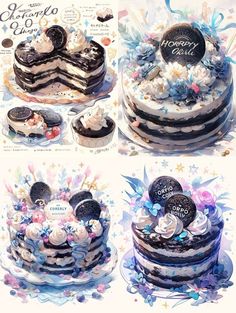 the cake is decorated with flowers and oreo cookies