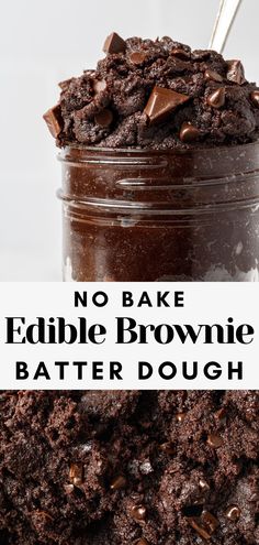 vegan edible brownie batter in a jar with chocolate chips on top and the text vegan edible brownie batter in a jar