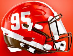 a football helmet on a red background with the number 95 in white and brown lettering