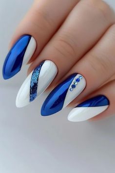 Blue And White Nails Designs, Blue White Nails Design, Nail Designs Blue And White, Blue And Silver Christmas Nails, Blue Almond Nails Design, Blue And White Nail Designs, White And Blue Nail Designs, Nail Art Designs Blue, Blue Nails With Design