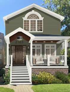 Our Favorite Green Exterior House Colors - brick&batten Cedar Porch Ideas, Best Green Exterior Paint Colors, Olive Green House Exterior, Paint Window Trim, Rustic Exterior House Colors, Olive Green House, Green House Color, Green Exterior Paints, Green Exterior House