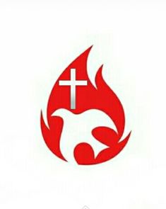 a red and white fire with a cross on it