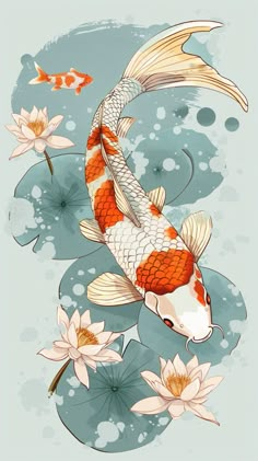 an orange and white koi fish floating on top of water with lily pads around it