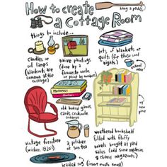 a drawing of how to create a cottage room with lots of things on the table