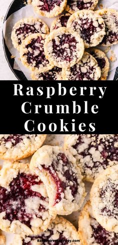 raspberry crumble cookies with one that has a bite taken Raspberry Crumble Cookies, Crumble Cookie Recipe, Crumble Cookie, Crumble Cookies, Raspberry Crumble, Raspberry Cookies, Raspberry Recipes, Vegan Bakery, Baking Cookies