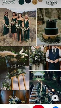 a collage of photos with green and white wedding colors, greenery and candles