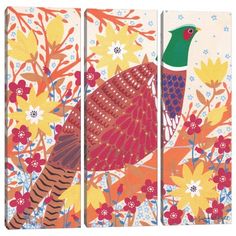 three panels with birds and flowers painted on the sides, each panel has different colors