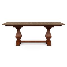 a wooden table on a white background with no people in the room to see it