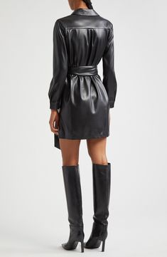 Embark on a workday adventure in this chic faux-leather shirtdress designed with a shift silhouette and removable waist belt. 31" length (size XS) Front button closure Spread collar Long sleeves with button cuffs Removable tie belt Unlined 100% polyurethane Dry clean Imported Faux Leather Dress Outfit, Black Leather Dress Outfit, Leather Dress Outfit, Black Leather Dress, Black Leather Dresses, Faux Leather Dress, Fabric Gift Bags, Nordstrom Store, Fabric Gifts