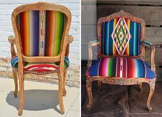 two chairs with different colors and designs on them, one is made out of wood