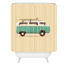 a green and white van with surfboards on the roof shower curtain, in front of a beige background