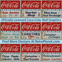 six old coca cola advertising signs with different font styles and colors, all labeled in red, white, blue, and green