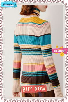 Fall/winter Turtleneck Color Striped Slim-fit Knit Sweater Striped Long Sleeve Ribbed Sweater, Striped Long Sleeve Casual Turtleneck, Retro Long Sleeve Ribbed Sweater, Winter Multicolor Sweater With Ribbed Cuffs, Multicolor Winter Sweater With Ribbed Cuffs, Winter Striped Long Sleeve Sweater, Striped Long Sleeve Winter Cardigan, Retro Ribbed Winter Tops, Striped Knit Outerwear For Winter