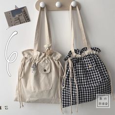 Adorable Drawstring Bag Including Bear Pins Pockets! Multiuse Shoulder Bag 1 Bag Choice Korean Bag, Plaid Tote Bag, Tote Bag With Pockets, Plaid Tote, Drawing Bag, String Bag, Cute Tote Bags, Cute Bags, Large Bag