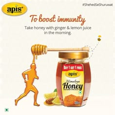 an ad for apis honey is shown with the image of a man running and holding a honey jar