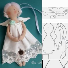 the doll is wearing a white dress and holding a flower in her hand, next to another drawing