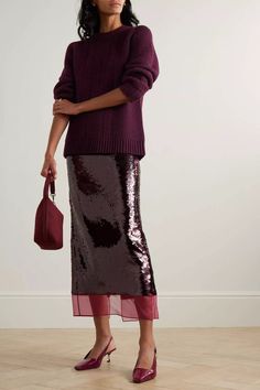 Burgundy Clothes | SheerLuxe Burgundy Skirt Outfit, Sequin Skirt Outfit, Sequin Midi Skirt, Burgundy Skirt, Tulle Midi Skirt, Emilia Wickstead, Burgundy Sweater, Silk Organza, Mode Inspiration