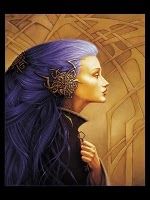 a painting of a woman with long blue hair and earrings on her head, looking into the distance