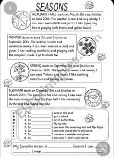 the seasons worksheet for students to practice their english language and writing skills, with pictures