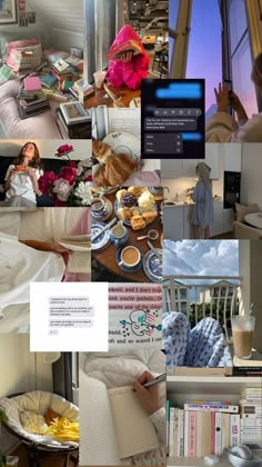 a collage of photos with people and food in them, including books, magazines, pictures, and other things