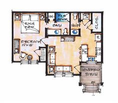 a drawing of a floor plan for a house with two bedroom and an attached bathroom