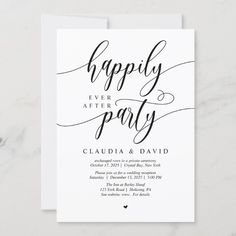 the happily after party card is shown in black ink on white paper, with an elegant call