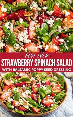 strawberry spinach salad with balsamic poppy seed dressing and feta cheese on top