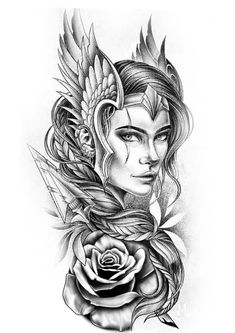 a woman's face with wings, roses and leaves on her chest is shown