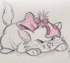 a drawing of a cat with a bow on it's head and paws resting down