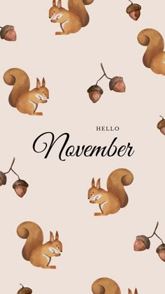 an illustration of a squirrel with acorns on it's back and the words hello november