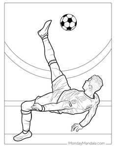 a man kicking a soccer ball in the air with his legs spread out to catch it