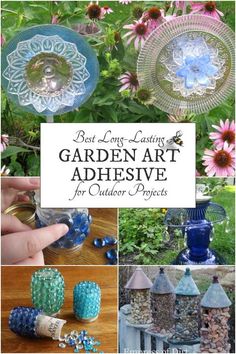 garden art adhesivee for outdoor projects, including glass bottles and vases with flowers in the background