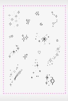 a drawing of stars and sparkles on a white paper with pink polka dot border