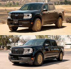 two black trucks side by side in the middle of an open field and one with gold rims