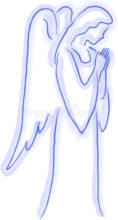 an angel holding a cross in his hands with blue ink on white paper stock photo - image