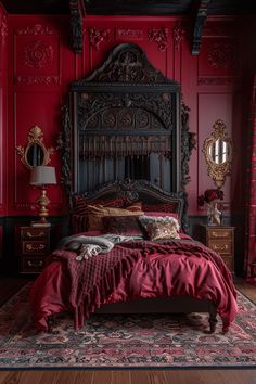 a bedroom with red walls and wooden furniture