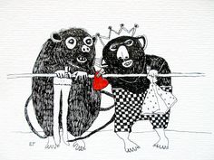 an ink drawing of two black bears holding a red heart