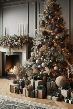 a decorated christmas tree in front of a fireplace