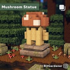 the mushroom statue is in front of some trees and bushes with mushrooms around it,