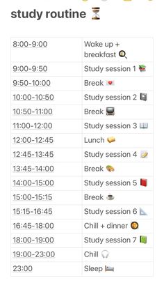 a table with the words study routine written in different languages and numbers, including one for each student