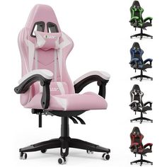 an office chair with multiple colors and designs on the back, including black, white, pink