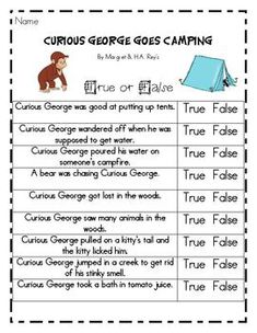 the curious george goes camping worksheet with pictures and words to help students practice their reading skills