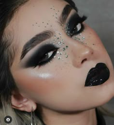 Dark Angel Makeup, Makeup Rhinestones, White Eye Makeup, Goth Eye Makeup, Rock Makeup, Ball Makeup, Black Eye Makeup, Angel Makeup, Rhinestone Makeup