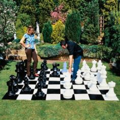 two people playing chess in the grass