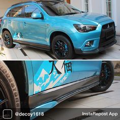 the side and back view of a blue sports utility vehicle