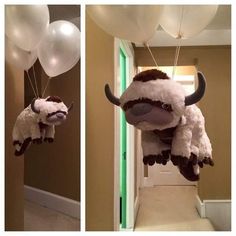 two pictures of stuffed animals hanging from balloons