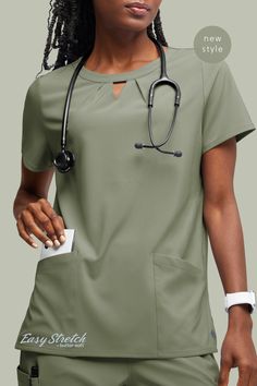 Meet Salma! The newest Easy Stretch scrub top style designed with functionality and fashion in mind. You'll love the feminine neckline, with a keyhole shape and graceful darts. Shop Easy Stretch only at UniformAdvantage.com! Styling Scrubs, Medical Fashion, Womens Scrub Tops, Scrubs Dress, Scrub Style, Scrubs Uniform