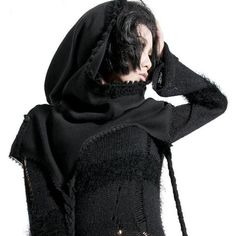 Street Punk / Gothic Black Scarf with Hood - wrap Knit Cape Fashion Women, Girls Poncho, Fox Scarf, Cape Fashion, Dark Mori, Mode Hippie, Wool Poncho, Scarf Material